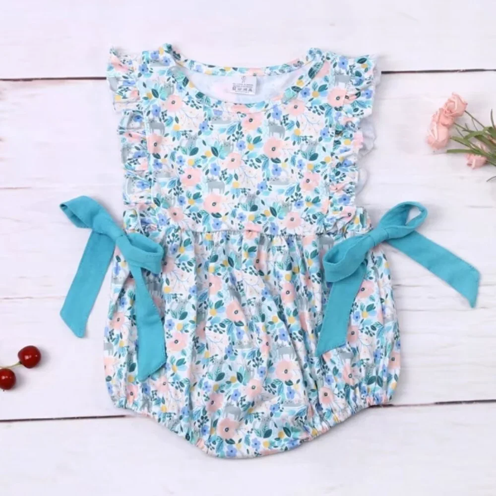 Boutique Floral Kitty Cat Baby Girls Pink Romper Jumpsuit